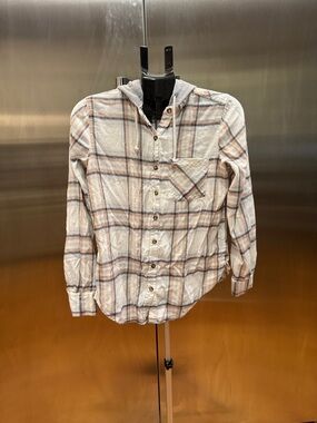 Mudd Women's Plaid Button-Down Hooded Shirt - Cream, Brown & Gray